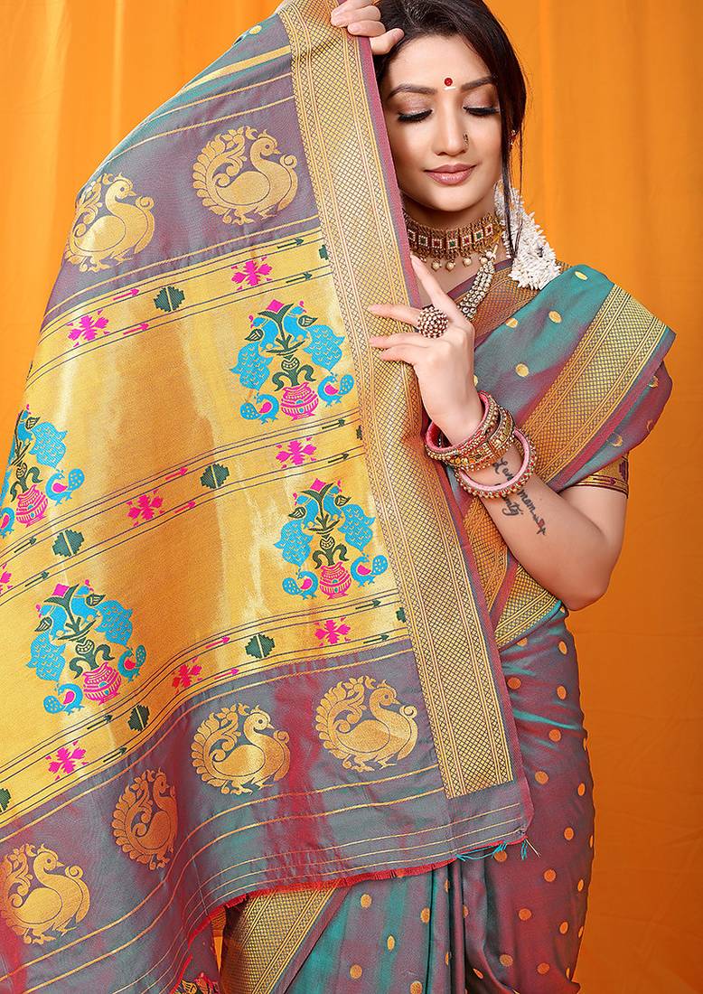 Grey paithani silk blend saree with gold zari border & peacock pallu