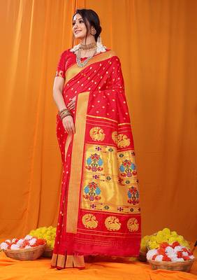 Red paithani silk blend saree with gold zari border & peacock pallu 1