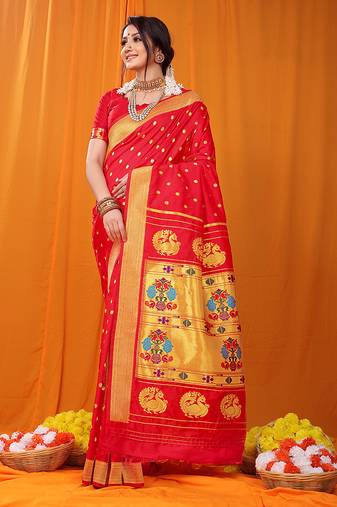 Red paithani silk blend saree with gold zari border & peacock pallu