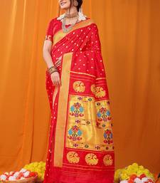 Red paithani silk blend saree with gold zari border & peacock pallu