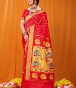 Red paithani silk blend saree with gold zari border & peacock pallu