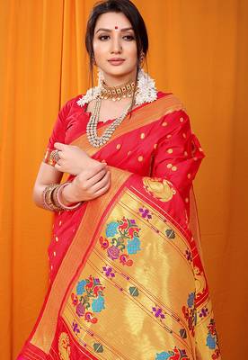 Red paithani silk blend saree with gold zari border & peacock pallu 2