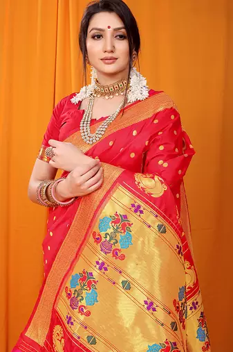 Red paithani silk blend saree with gold zari border & peacock pallu