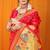 Red paithani silk blend saree with gold zari border & peacock pallu