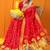 Red paithani silk blend saree with gold zari border & peacock pallu