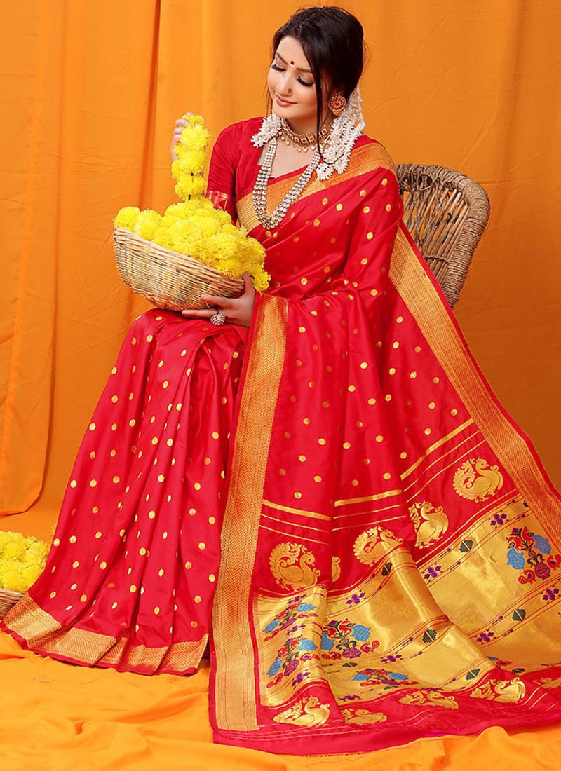 Red paithani silk blend saree with gold zari border & peacock pallu