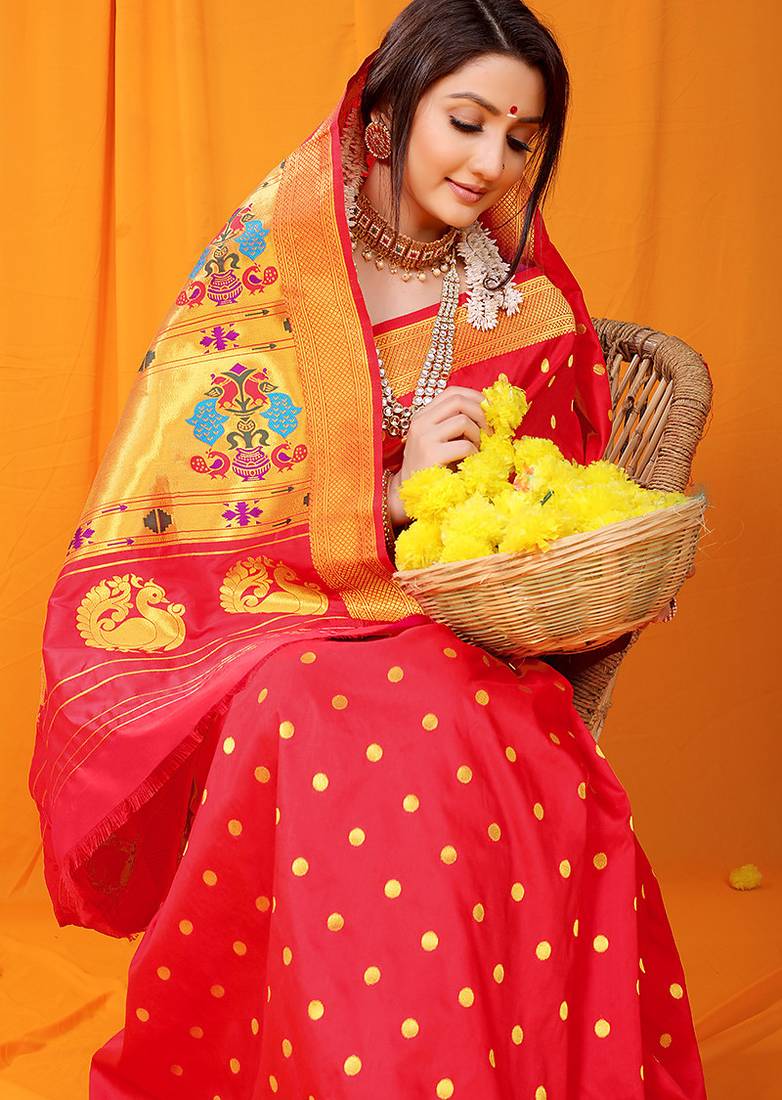 Red paithani silk blend saree with gold zari border & peacock pallu