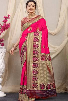 Rani pink banarasi silk blend saree with purple zari border & brocade blouse 1