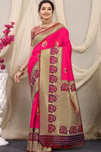 Rani pink banarasi silk blend saree with purple zari border & brocade blouse