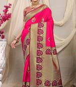 Rani pink banarasi silk blend saree with purple zari border & brocade blouse