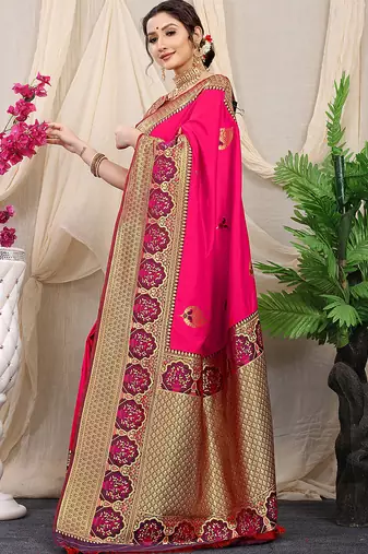 Rani pink banarasi silk blend saree with purple zari border & brocade blouse