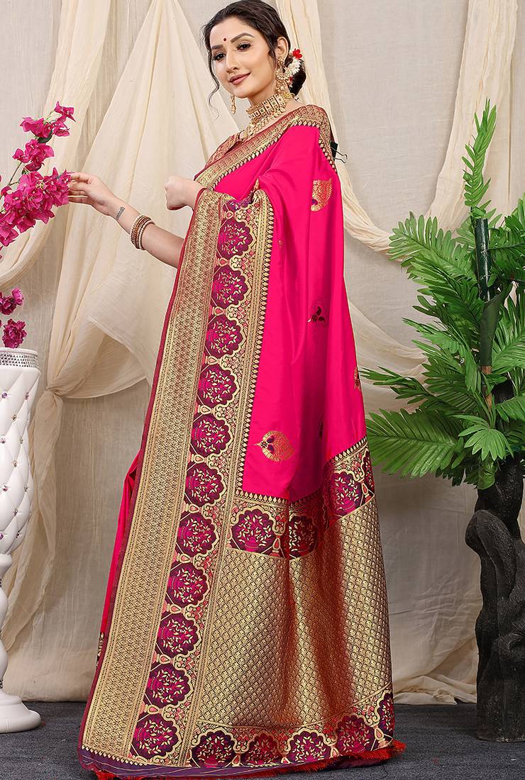 Rani pink banarasi silk blend saree with purple zari border & brocade blouse