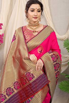 Rani pink banarasi silk blend saree with purple zari border & brocade blouse 3