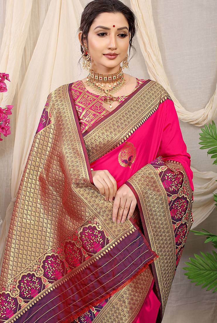 Rani pink banarasi silk blend saree with purple zari border & brocade blouse