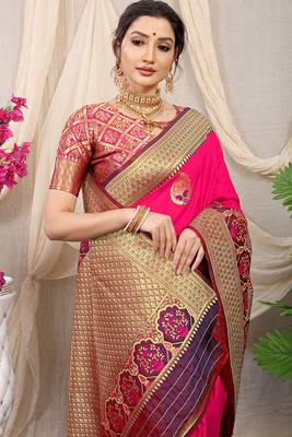 Rani pink banarasi silk blend saree with purple zari border & brocade blouse 4