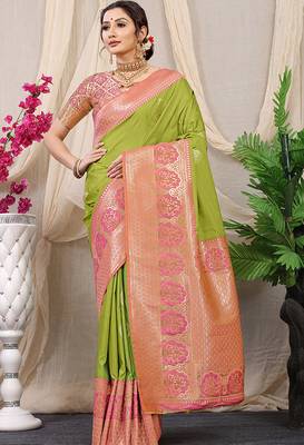 Light green banarasi silk blend saree with pink zari border & brocade blouse 1
