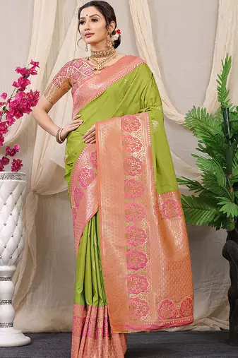 Light green banarasi silk blend saree with pink zari border & brocade blouse