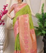 Light green banarasi silk blend saree with pink zari border & brocade blouse