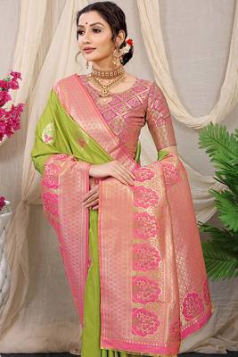 Light green banarasi silk blend saree with pink zari border & brocade blouse 3