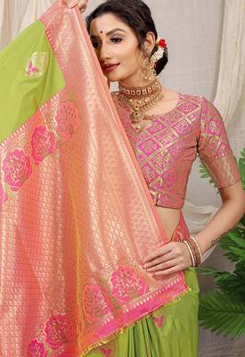 Light green banarasi silk blend saree with pink zari border & brocade blouse 4