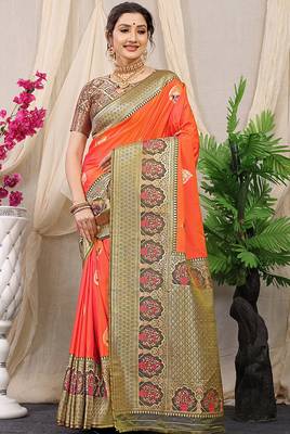 Orange banarasi silk blend saree with olive brown zari border & brocade blouse 1