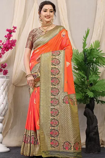 Orange banarasi silk blend saree with olive brown zari border & brocade blouse