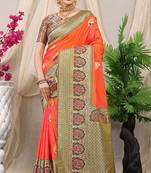 Orange banarasi silk blend saree with olive brown zari border & brocade blouse