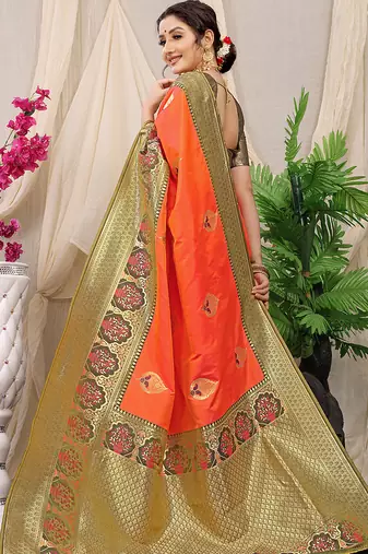 Orange banarasi silk blend saree with olive brown zari border & brocade blouse