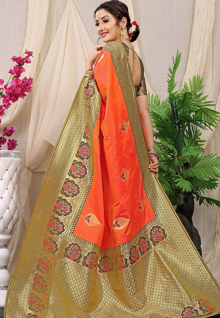 Orange banarasi silk blend saree with olive brown zari border & brocade blouse