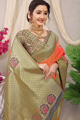 Orange banarasi silk blend saree with olive brown zari border & brocade blouse 3