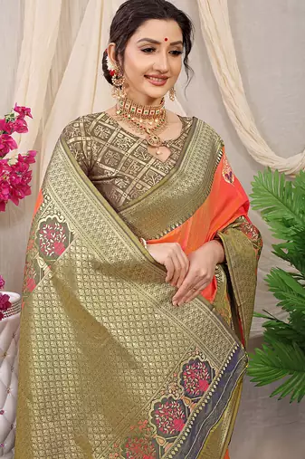 Orange banarasi silk blend saree with olive brown zari border & brocade blouse
