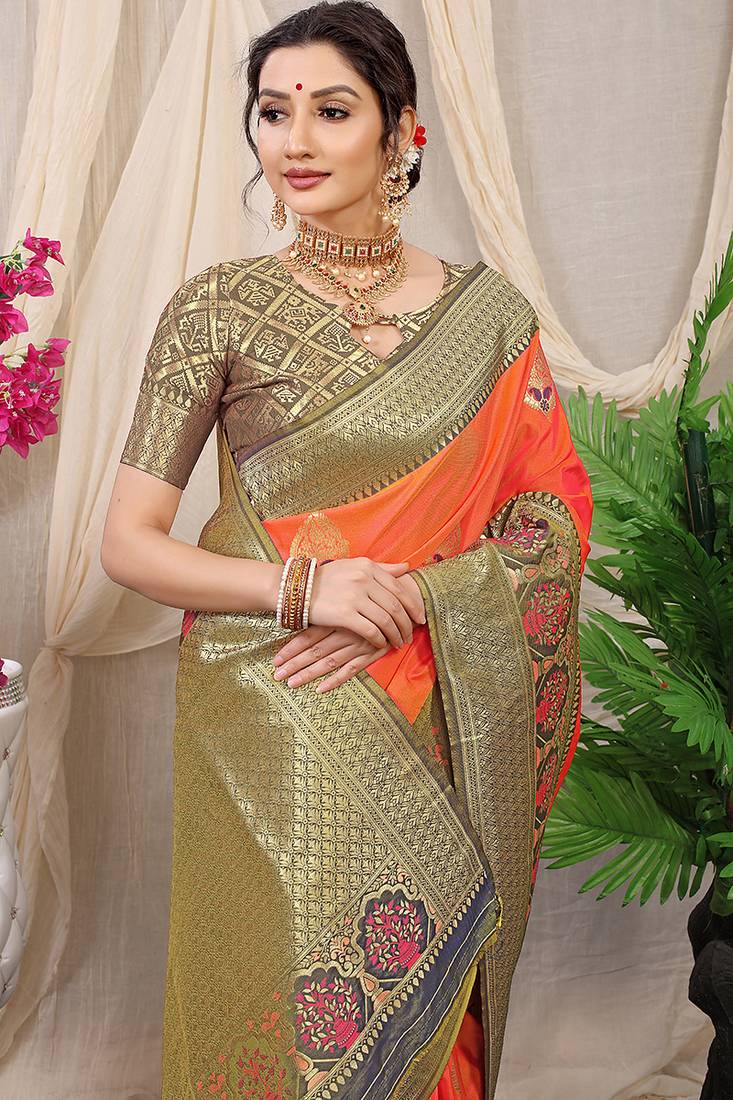 Orange banarasi silk blend saree with olive brown zari border & brocade blouse
