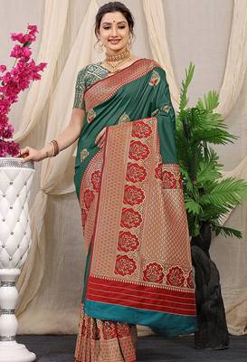 Teal banarasi silk blend saree with red zari border & brocade blouse 1
