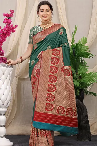 Teal banarasi silk blend saree with red zari border & brocade blouse