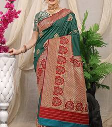 Teal banarasi silk blend saree with red zari border & brocade blouse