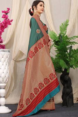 Teal banarasi silk blend saree with red zari border & brocade blouse 2
