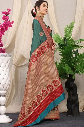 Teal banarasi silk blend saree with red zari border & brocade blouse