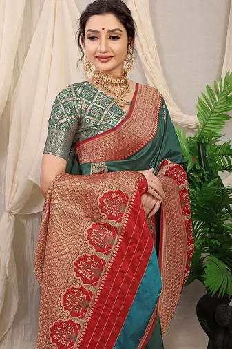Teal banarasi silk blend saree with red zari border & brocade blouse