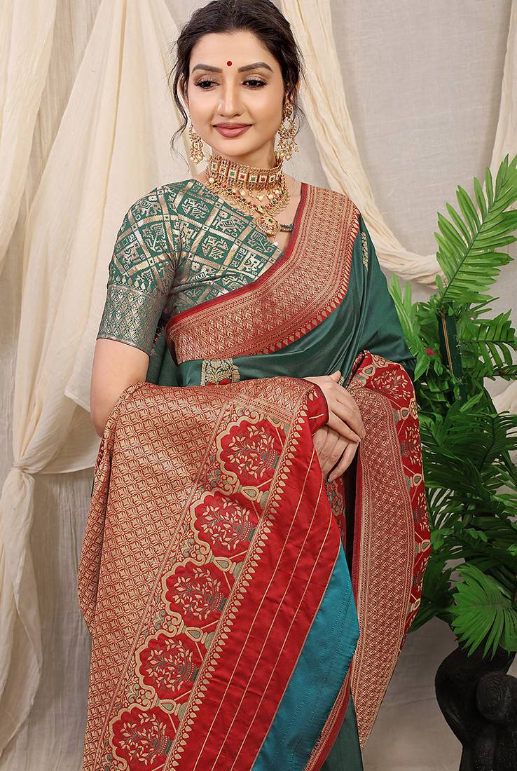 Teal banarasi silk blend saree with red zari border & brocade blouse