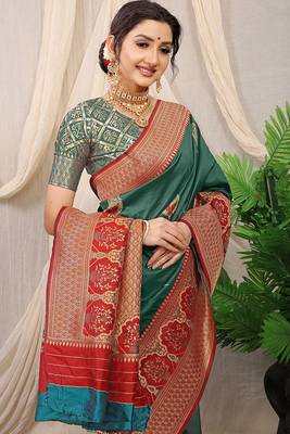 Teal banarasi silk blend saree with red zari border & brocade blouse 4