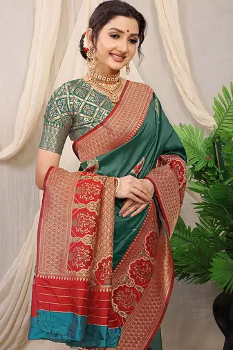 Teal banarasi silk blend saree with red zari border & brocade blouse