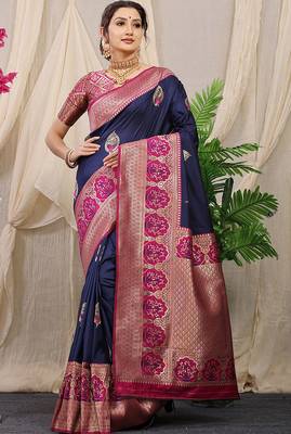 Navy blue banarasi silk blend saree with magenta pink zari border & brocade blouse 1