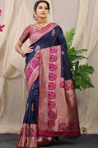Navy blue banarasi silk blend saree with magenta pink zari border & brocade blouse