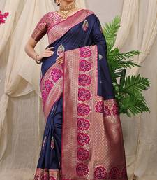 Navy blue banarasi silk blend saree with magenta pink zari border & brocade blouse