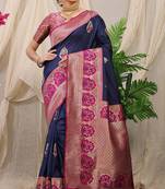 Navy blue banarasi silk blend saree with magenta pink zari border & brocade blouse