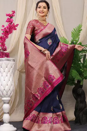 Navy blue banarasi silk blend saree with magenta pink zari border & brocade blouse
