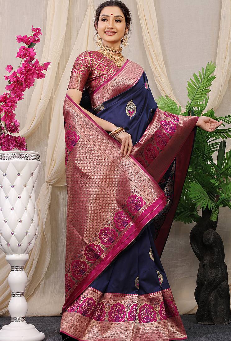 Navy blue banarasi silk blend saree with magenta pink zari border & brocade blouse