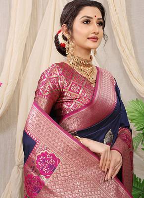 Navy blue banarasi silk blend saree with magenta pink zari border & brocade blouse 3