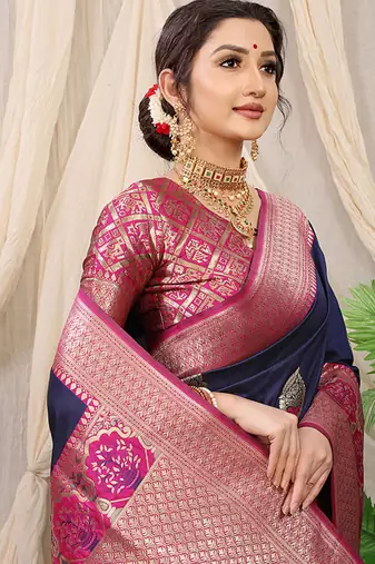 Navy blue banarasi silk blend saree with magenta pink zari border & brocade blouse