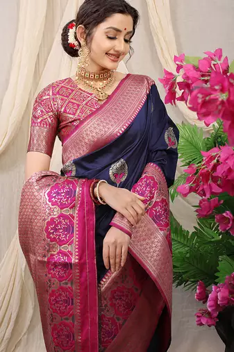 Navy blue banarasi silk blend saree with magenta pink zari border & brocade blouse